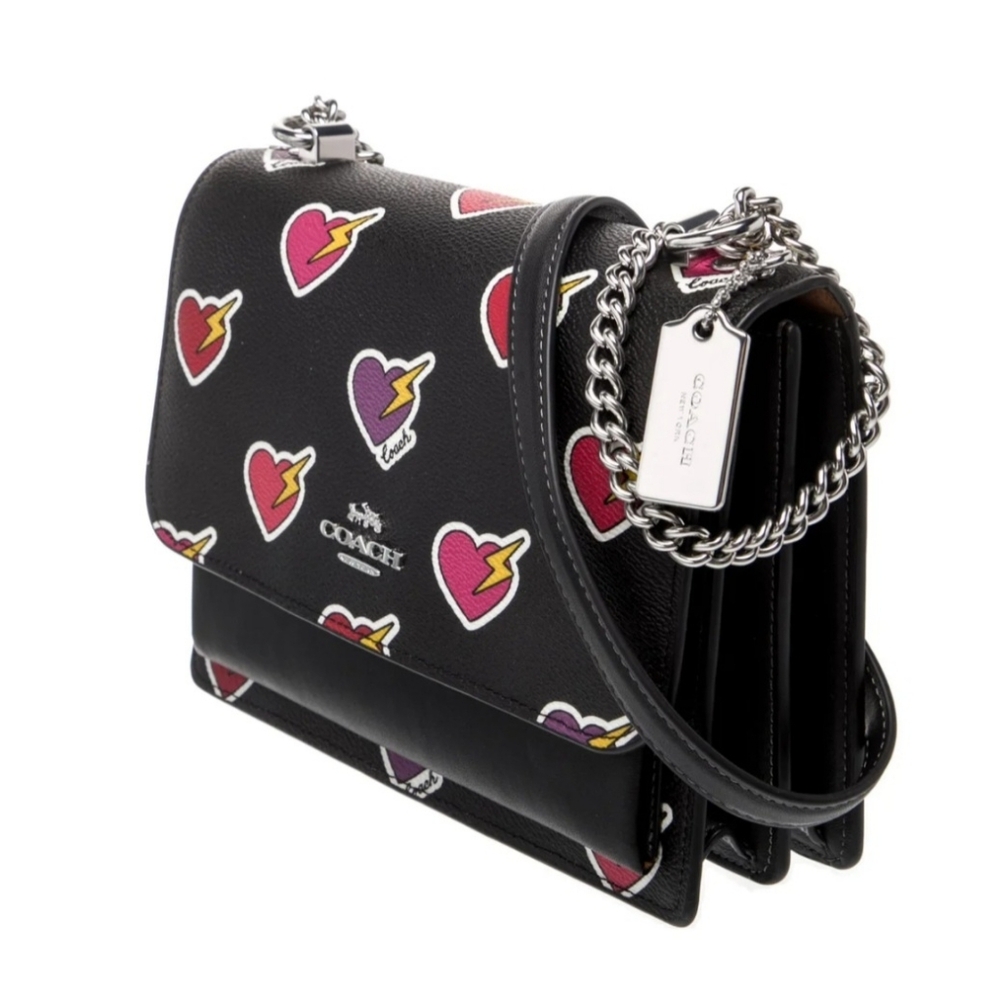 Coach Black Heart Print Crossbody Bag with Silver Chain - Picture 2 of 4